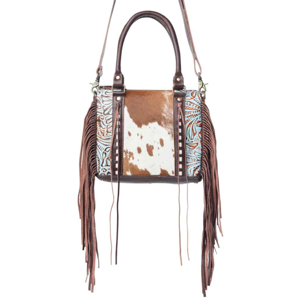 Myra Maia Hairon Leather Concealed Carry Bag for Women – Tooled Leather Panels, Fringed Sides, Dual Straps for Easy Carry