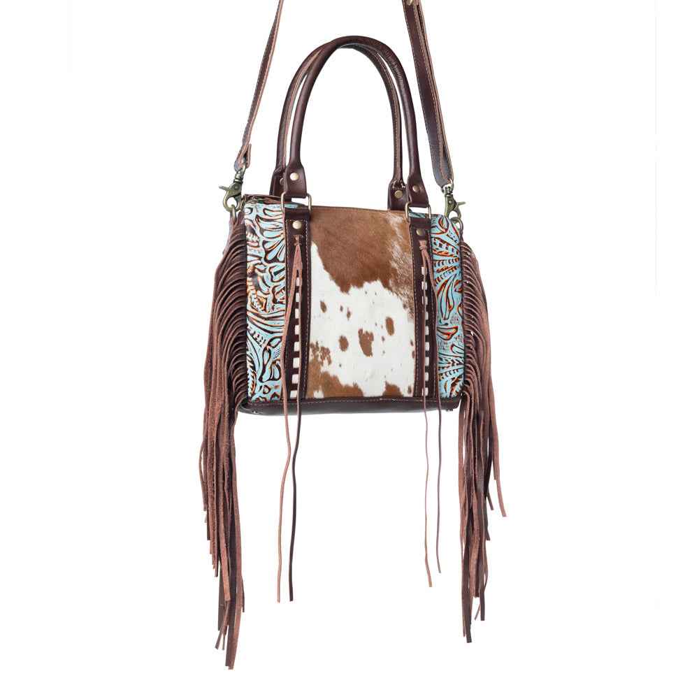 Myra Maia Hairon Leather Concealed Carry Bag for Women – Tooled Leather Panels, Fringed Sides, Dual Straps for Easy Carry
