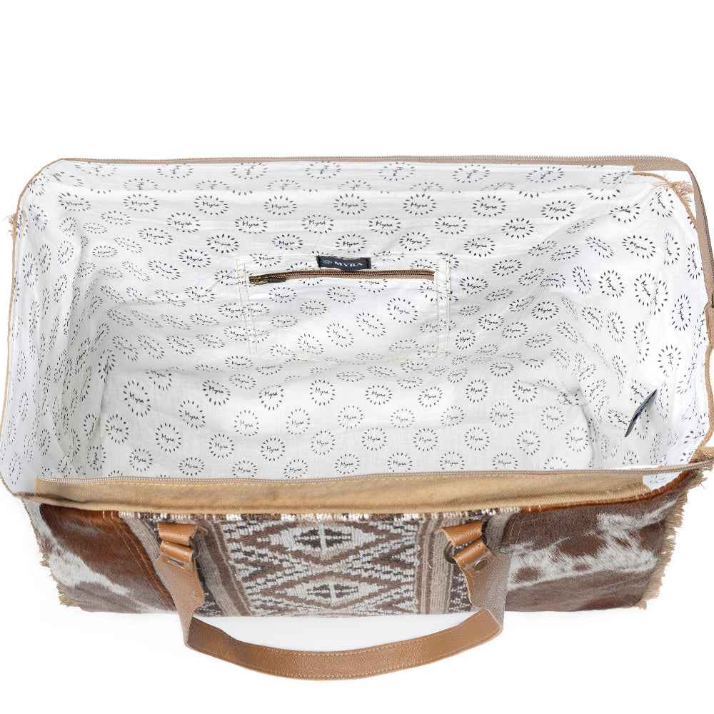 Myra Elisa Leather Weekender Bag - Spacious Cowhide Travel Tote with Tribal Woven Panel and Dual Shoulder Straps