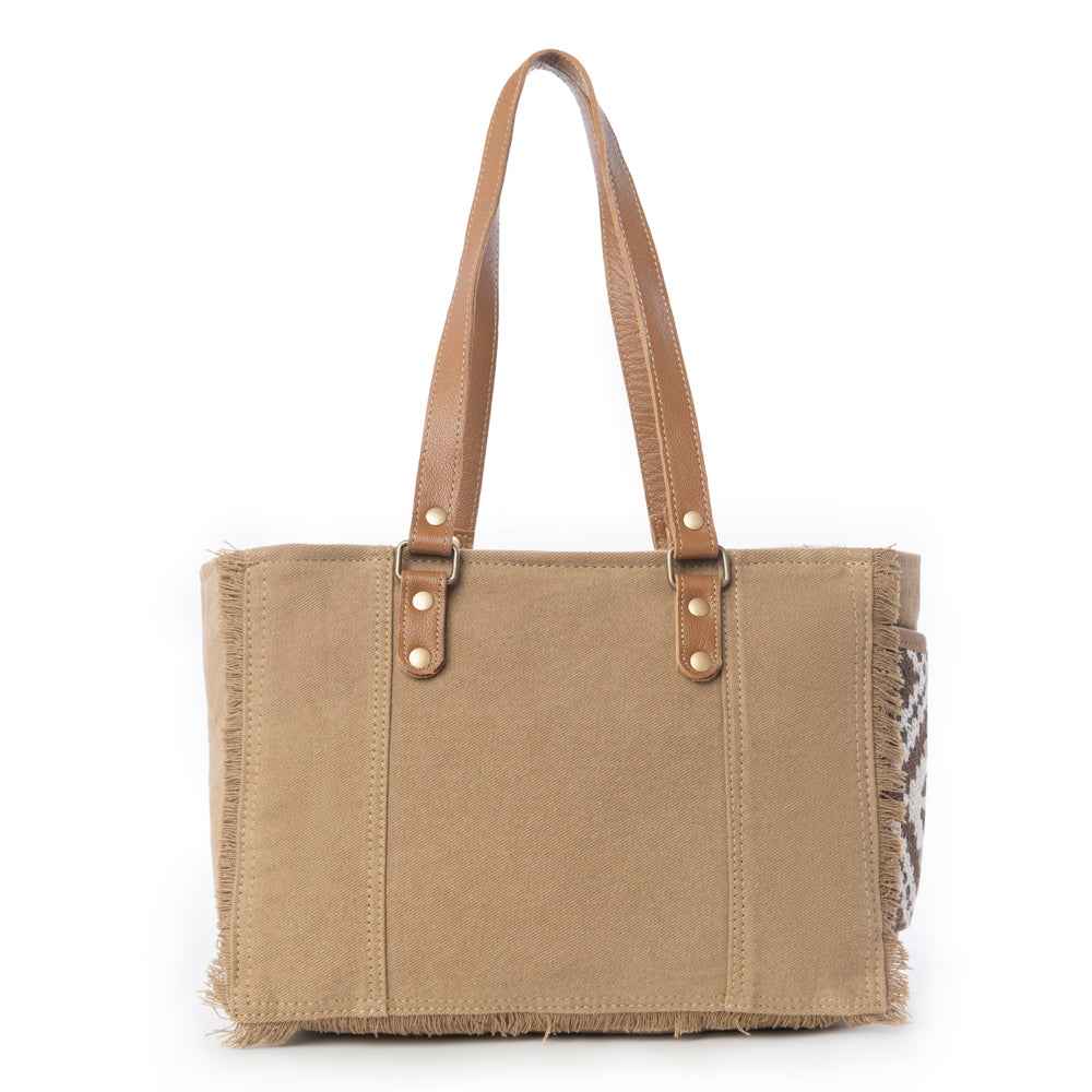 Myra Elisa Le Hairon Leather Tote Bag Fringe Accents, Handwoven Tribal Design for Everyday Use