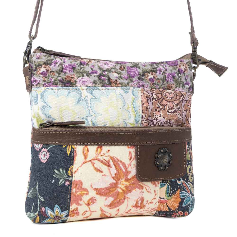 Myra La Fleur Patchwork Crossbody Bag â€“ Floral Canvas Panels, Brown Leather Accents, Boho Cowgirl Everyday Purse
