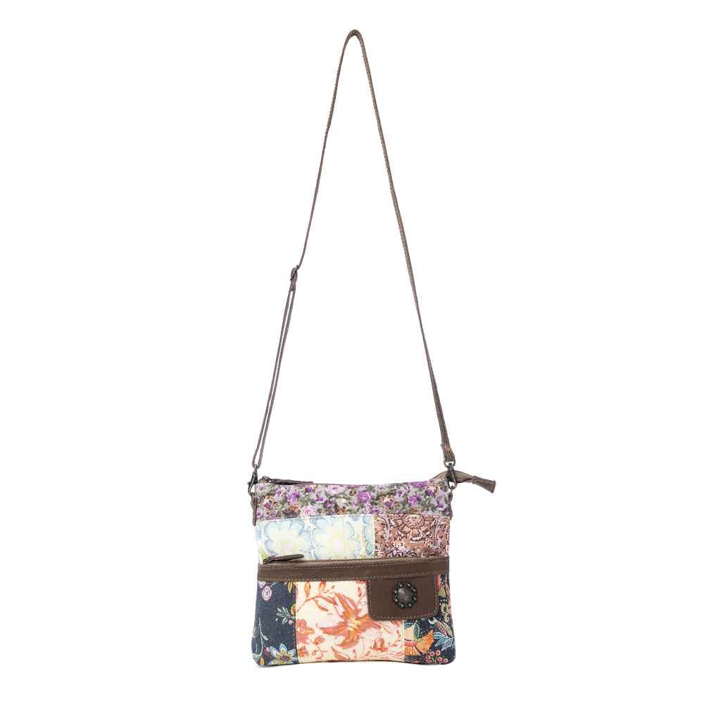Myra La Fleur Patchwork Crossbody Bag â€“ Floral Canvas Panels, Brown Leather Accents, Boho Cowgirl Everyday Purse