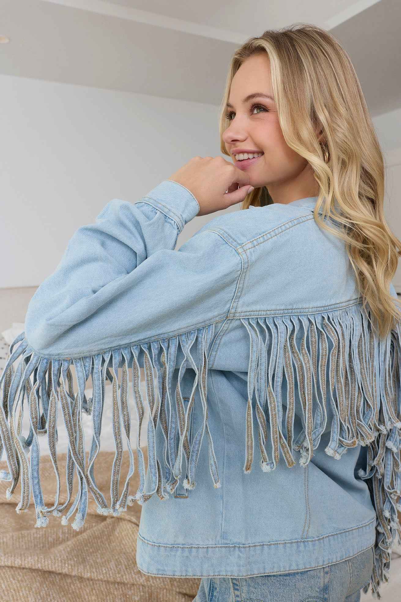 Cassie Fringed Light Wash Denim Jacket