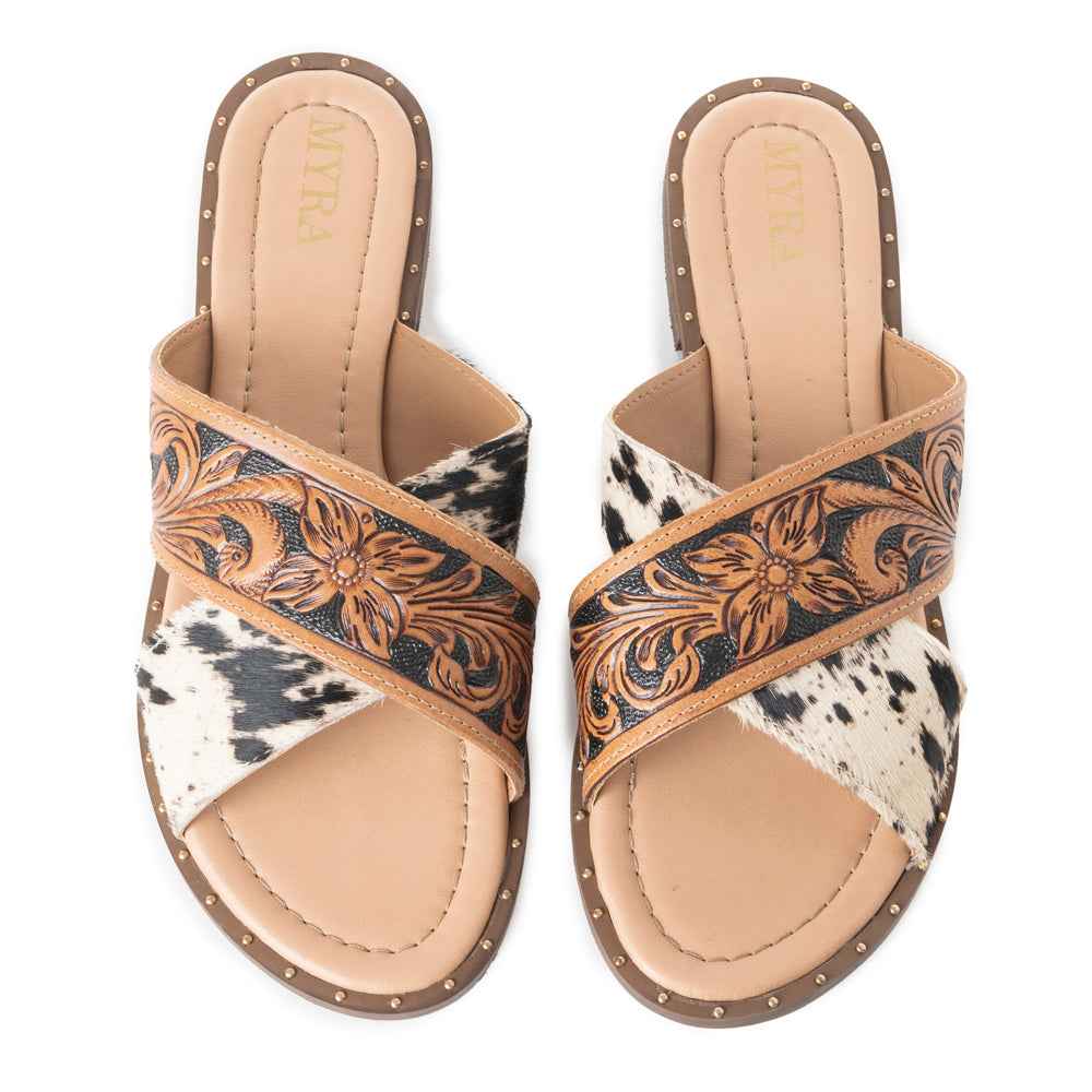 Myra Chappy Leather Slip-On Sandals for Women - Criss-cross Hairon & Tooled Leather Slides for Everyday Ranch Style