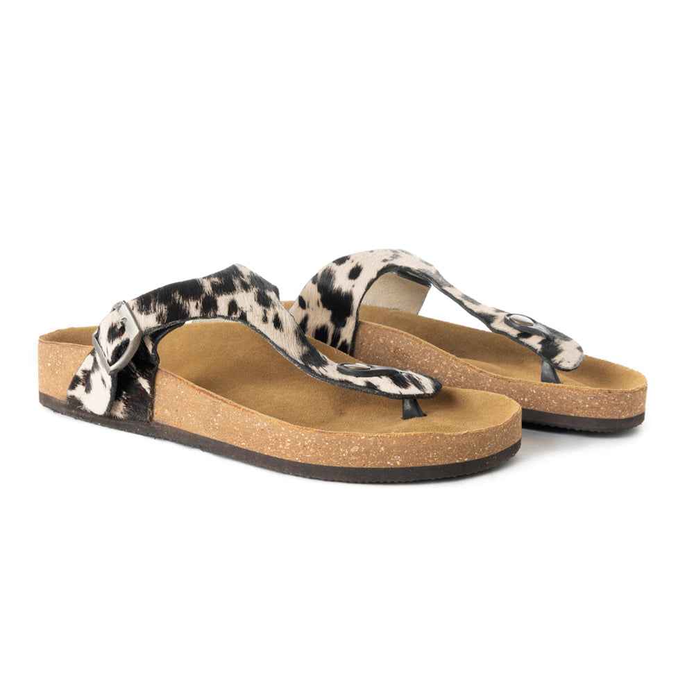 Myra Chino Hairon Leather Sandals for Women â€“ Western Toe Loop Flats with Cork Sole for Comfortable Wear