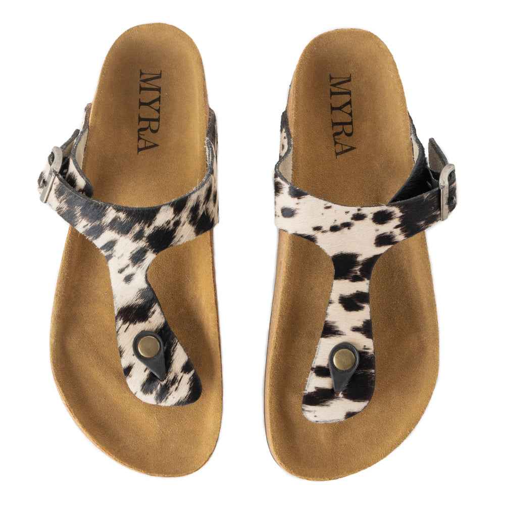 Myra Chino Hairon Leather Sandals for Women â€“ Western Toe Loop Flats with Cork Sole for Comfortable Wear