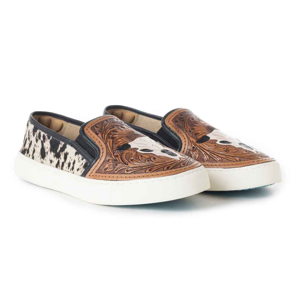 Myra Reflexo Textured Leather Slip-Ons -  Hairon Cowhide & Floral Tooling Comfort Sneakers for Women