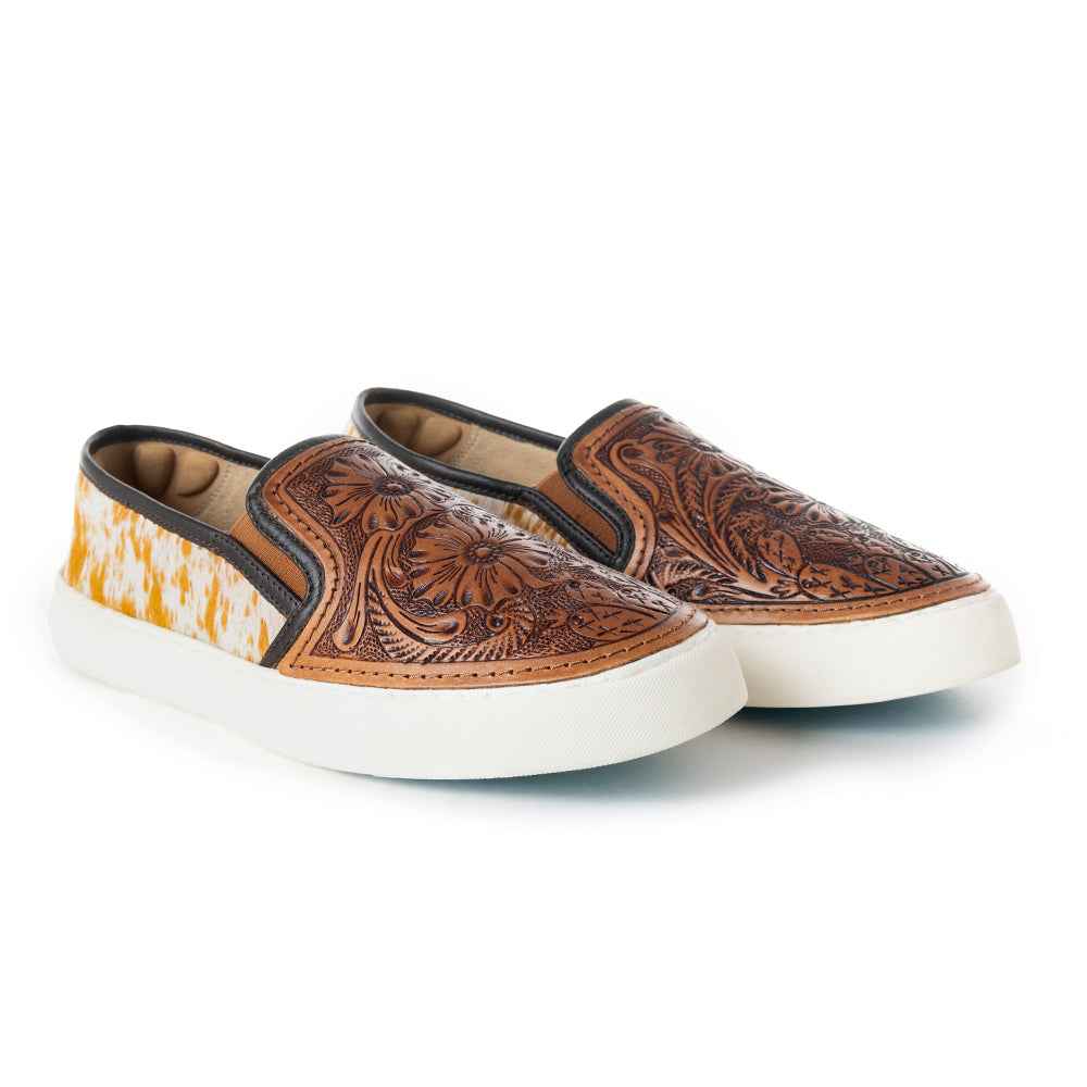 Myra Kryptun Western Handtooled Hairon Leather Slip-On Sneakers for Women – Western Floral Carving, White Sole for Everyday Rodeo Vibe