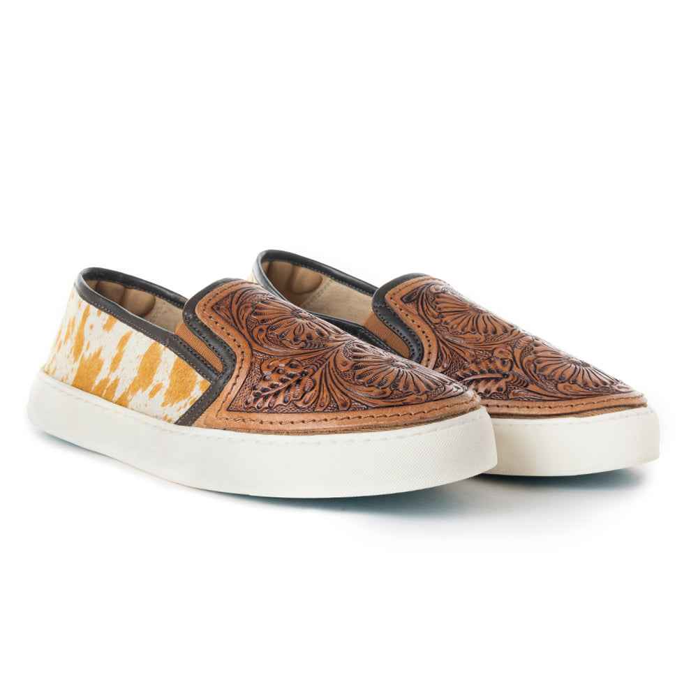Myra Rodon Western Handtooled Leather Slip-On Sneakers – Cowgirl Casual Shoes with Floral Engraving and Hairon Accents