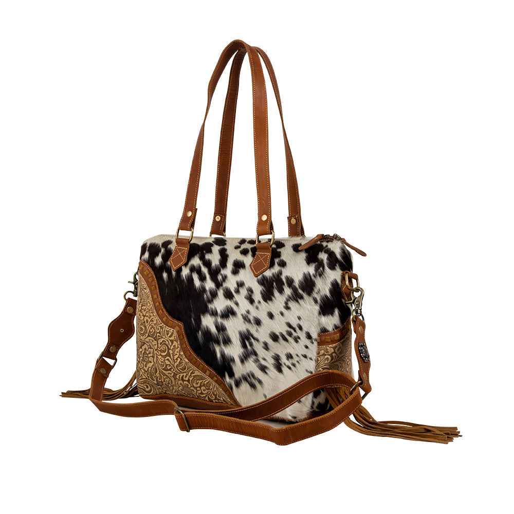 Myra Laredo Concealed Carry Bag - Hand-Stitched Hair-On Leather Satchel with Embossed Detailing and Western Fringe Design