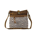 Myra Sand Weaver Shoulder Bag for Women â€“ Rustic Brown Leather, Jacquard Geometric Print, Turquoise Stone Snap for Ranch Chic