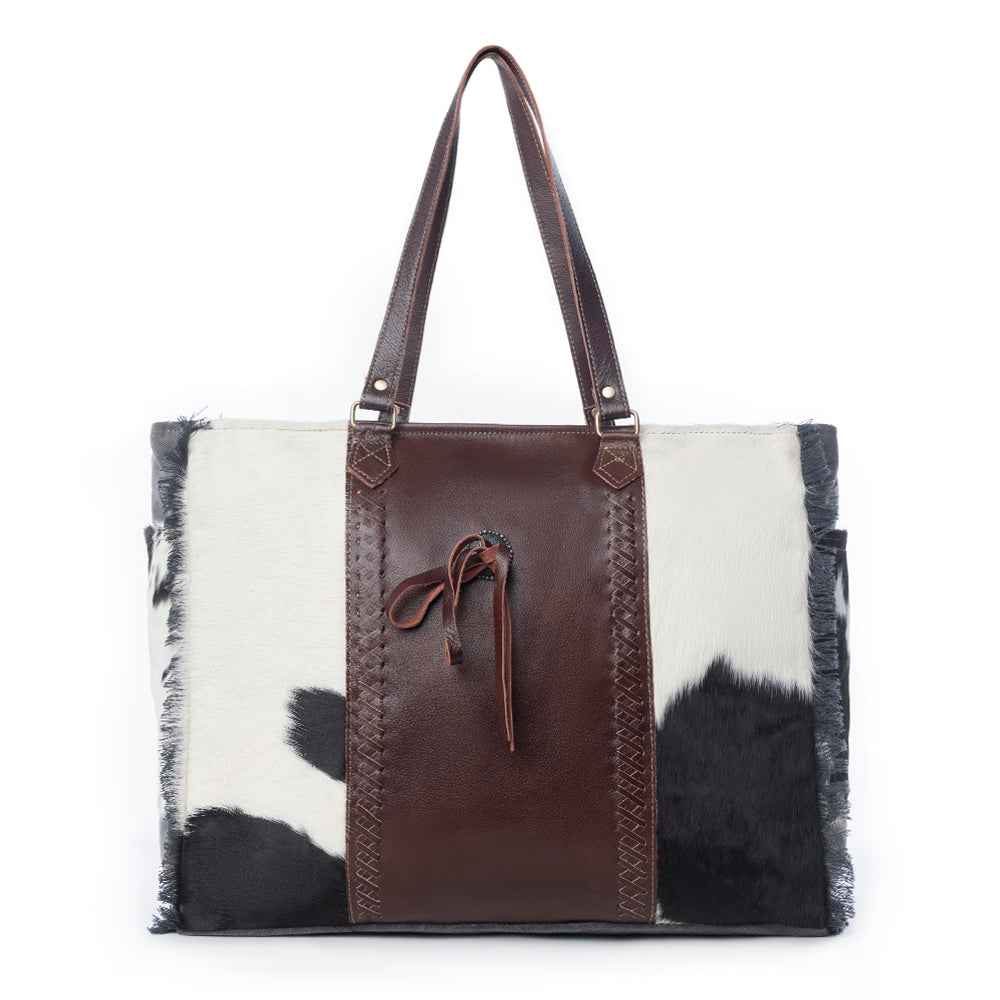 Myra Rosalinda Cross Stitched Hairon Leather Weekender Bag - Spacious Travel Tote with Stitch Trim and Durable Shoulder Straps