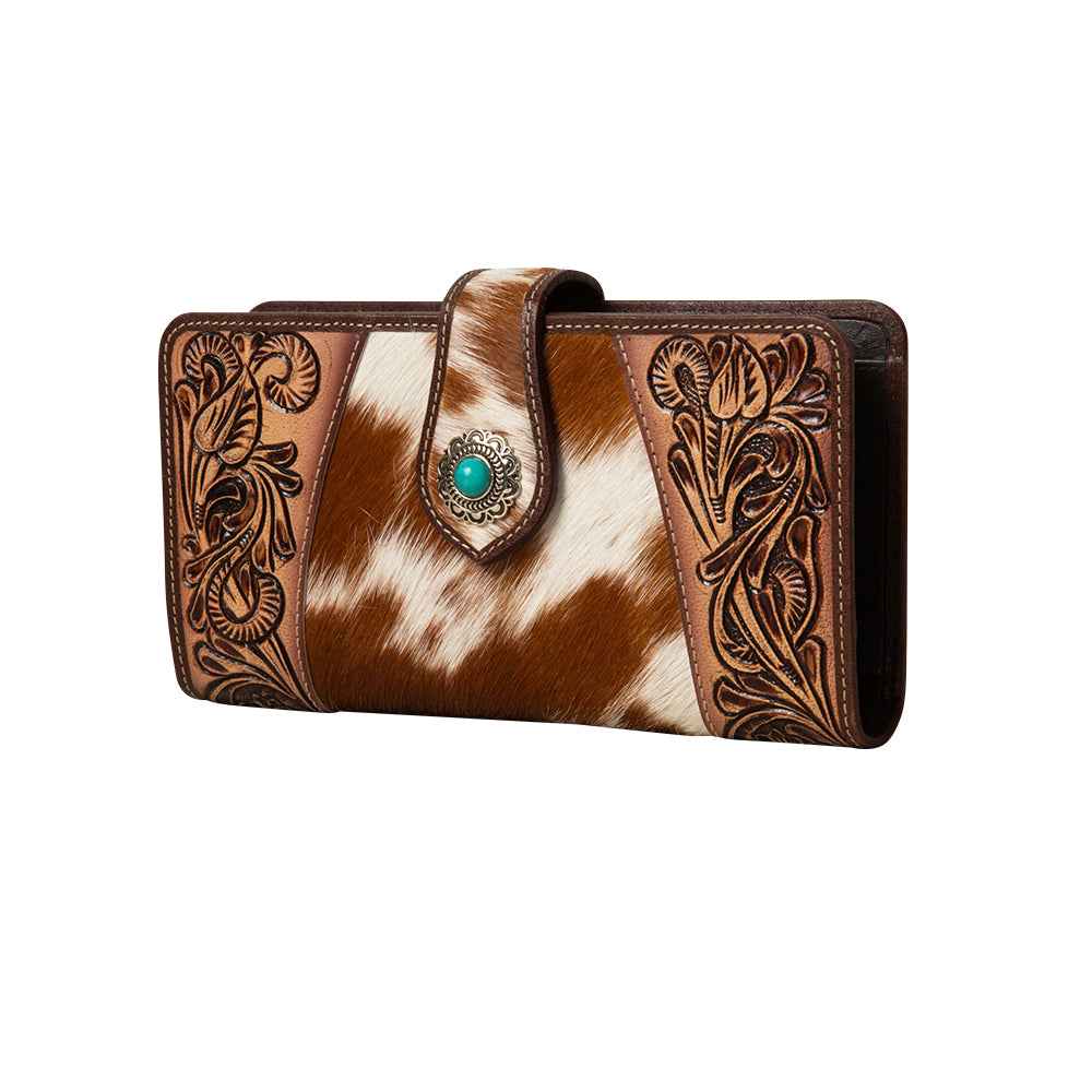 Myra Roscoe Ridge Hairon Leather Wallet for Women Handtooled Trim, Turquoise Stone Button for Ranch-Ready Style
