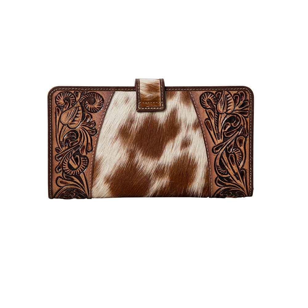 Myra Roscoe Ridge Hairon Leather Wallet for Women Handtooled Trim, Turquoise Stone Button for Ranch-Ready Style