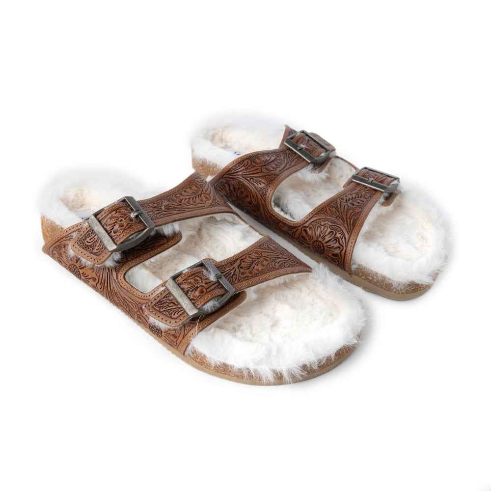 Prairie Winds Hand-tooled Fur Comfort Leather Sandals