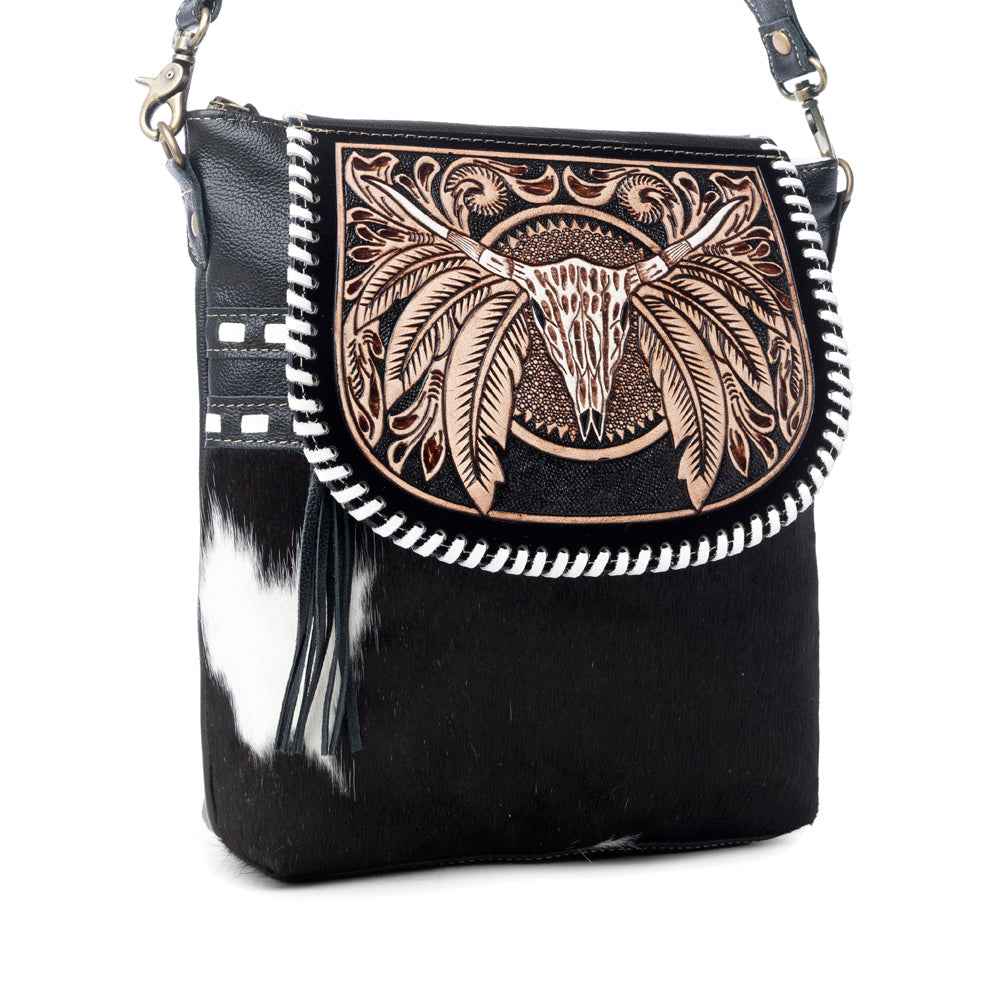 Myra Spirit of the Herd Hairon Leather Bag for Women Western Cowhide Purse with Intricate Tooling