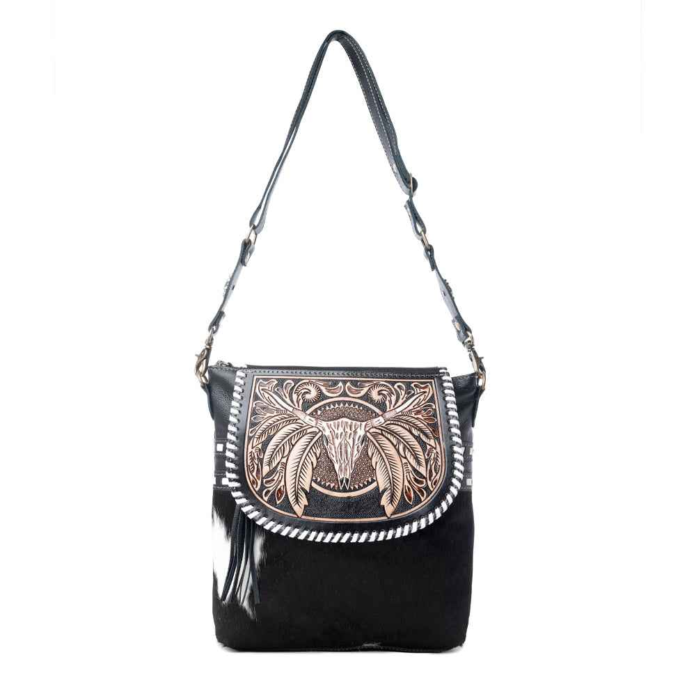 Myra Spirit of the Herd Hairon Leather Bag for Women Western Cowhide Purse with Intricate Tooling