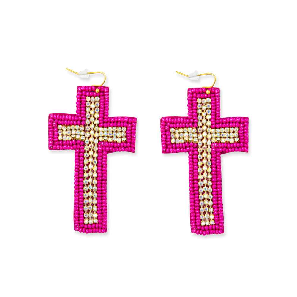 Beaded Cross Dangle Earrings in Magenta