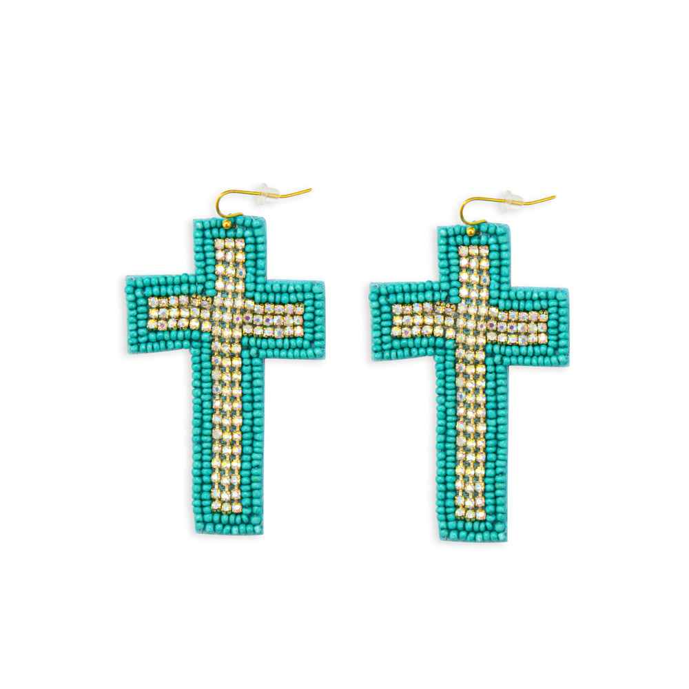 Beaded Cross Dangle Earrings in Teal