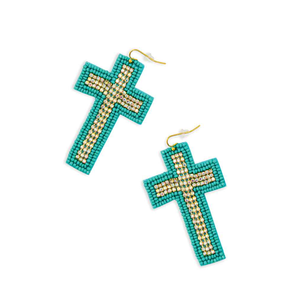 Beaded Cross Dangle Earrings in Teal