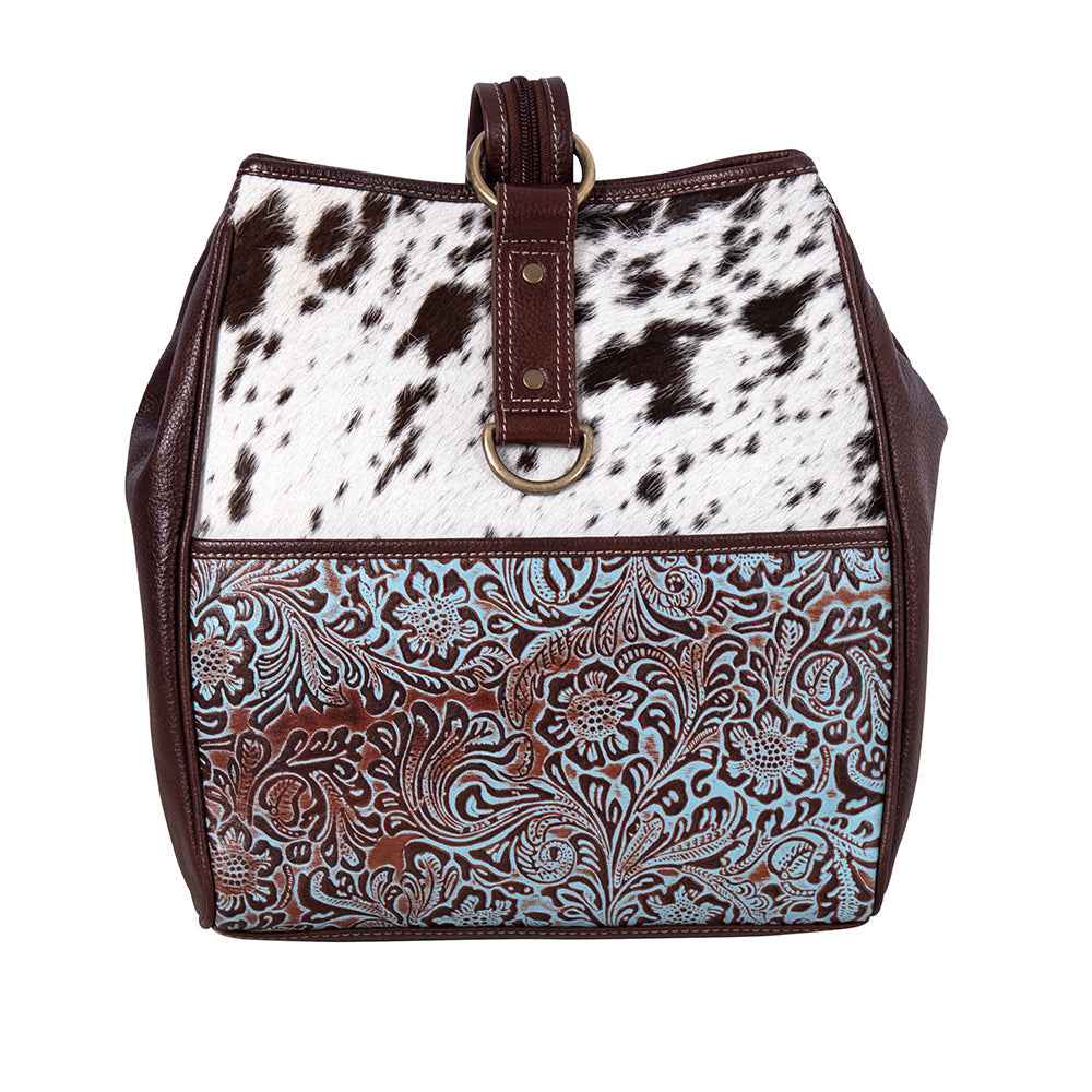 Myra Mountain Trail Convertible Crossbody Bag – Turquoise Embossed Leather & Hairon Panel with Ring Accent