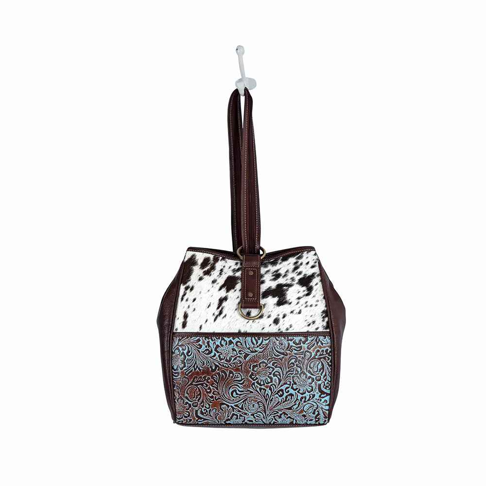 Myra Mountain Trail Convertible Crossbody Bag – Turquoise Embossed Leather & Hairon Panel with Ring Accent