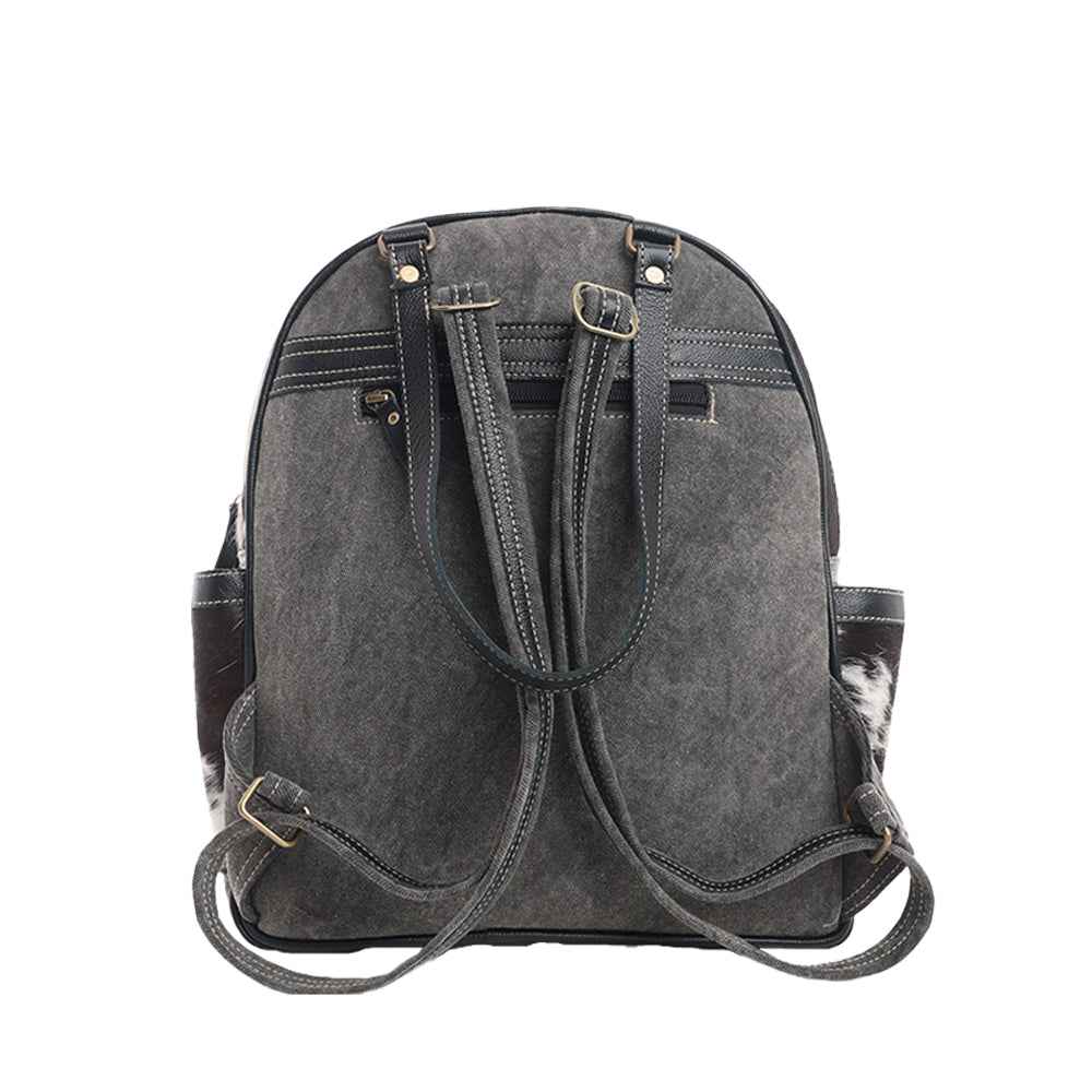 Myra My Vista Hairon Leather Backpack – Dual Handles, Floral Tooled Patch, Spacious Compartments