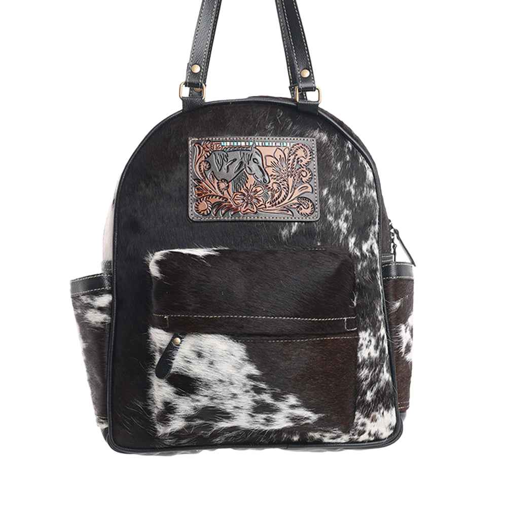 Myra My Vista Hairon Leather Backpack – Dual Handles, Floral Tooled Patch, Spacious Compartments