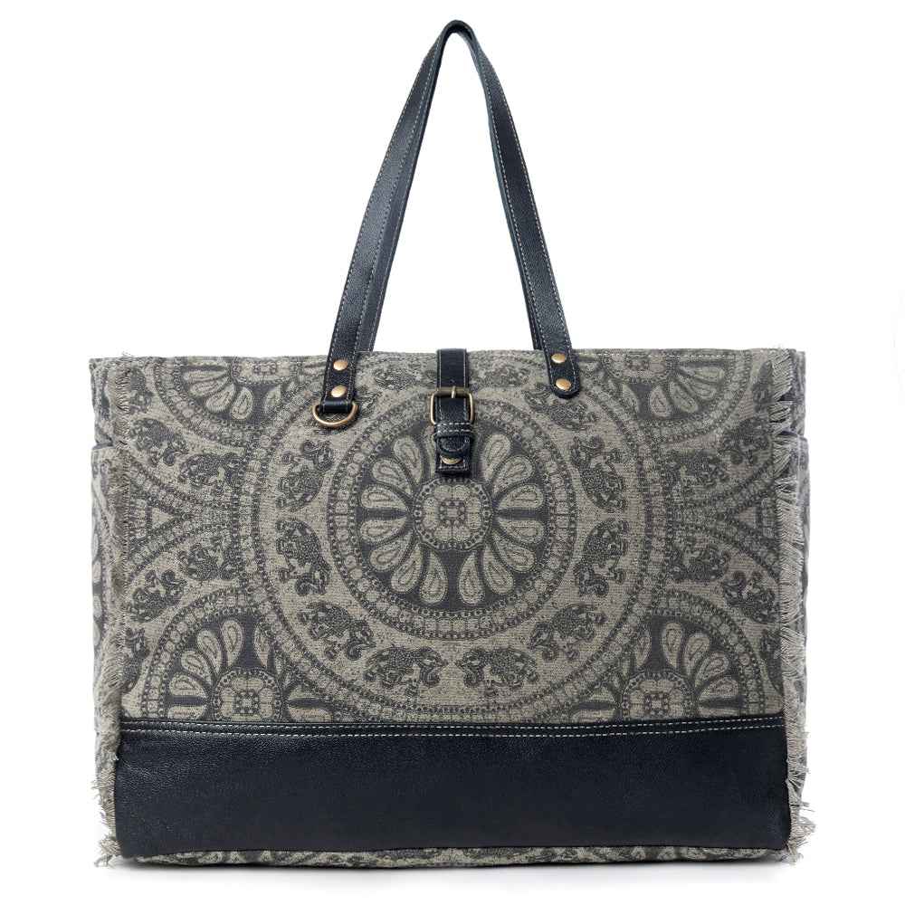 Myra Carmela Printed Canvas Weekender Bag â€“ Leather Handles with Buckle Strap, Spacious Travel Tote for Western Getaways