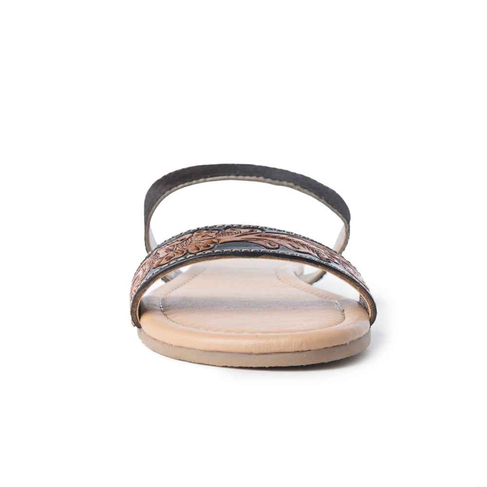Myra Tambra Mesa Embossed Hairon Leather Slides for Women - Black Tooled Strap, Comfort Footbed for All-Day Style