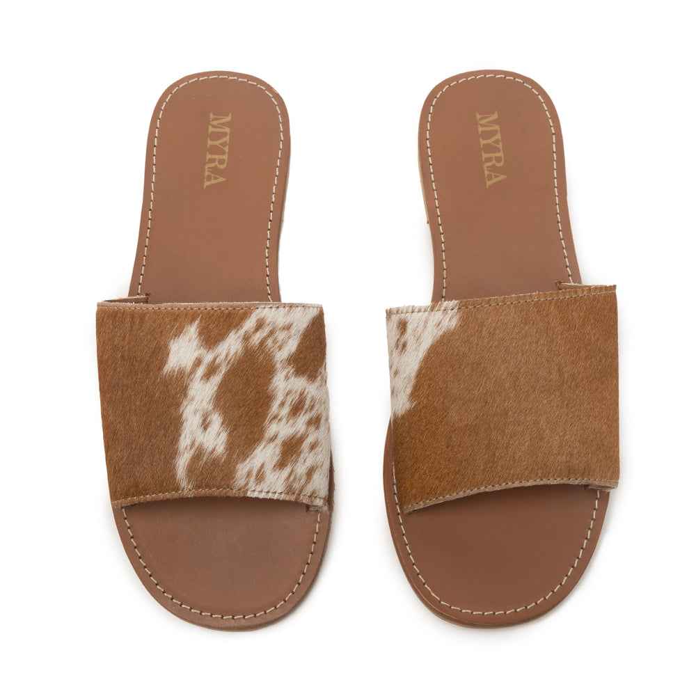Myra Kemma Hairon Slide Sandals for Women â€“ Comfortable Flat Slides with Tan & White Speckle Print for Western Summer Outings