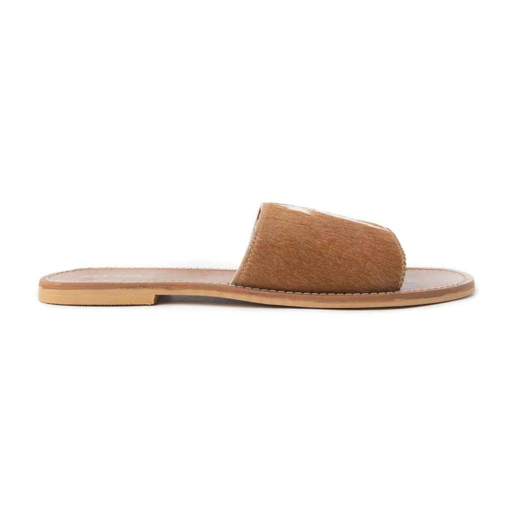 Myra Kemma Hairon Slide Sandals for Women â€“ Comfortable Flat Slides with Tan & White Speckle Print for Western Summer Outings