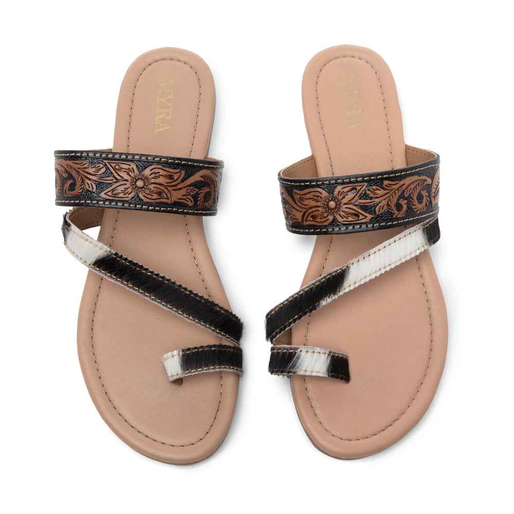 Myra Greta Lee Hair-On Leather Flip Flops for Women - Hand-Tooled Western Slippers with Flat Sole for Everyday Ease