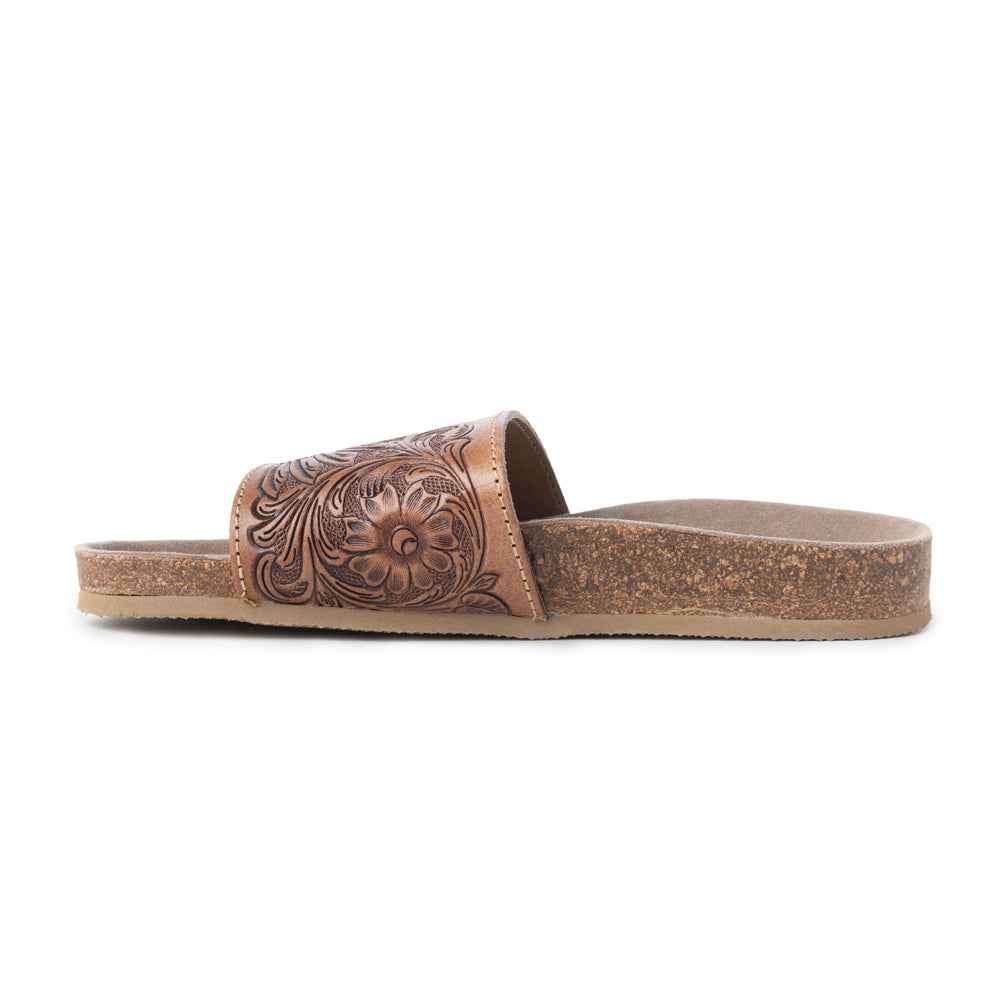 Myra Dottie Handtooled Leather Slide Sandals for Women â€“ Floral Western Tooling with Cork Sole for Casual Comfort
