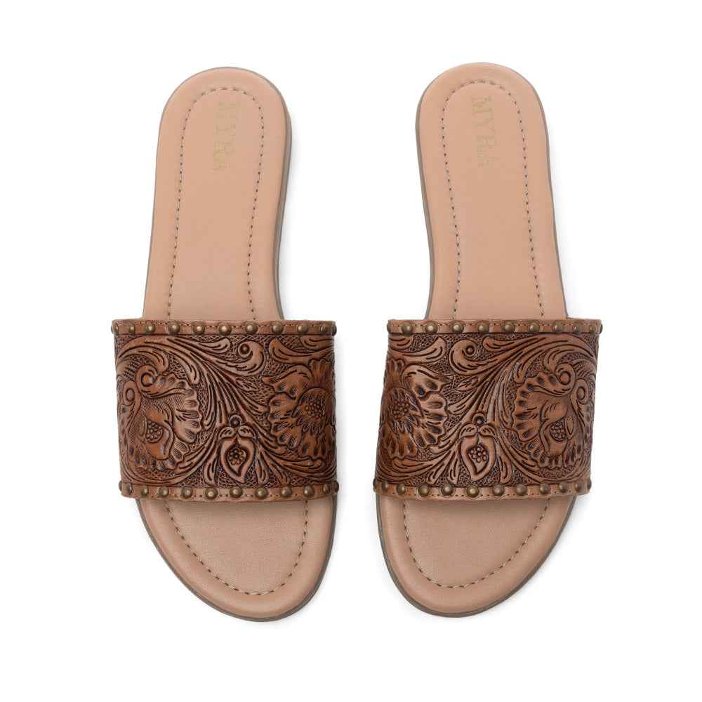 Myra Kasandra Handtooled Leather Slip-Ons for Women – Western Slides with Tooled Floral Design and Padded Insole