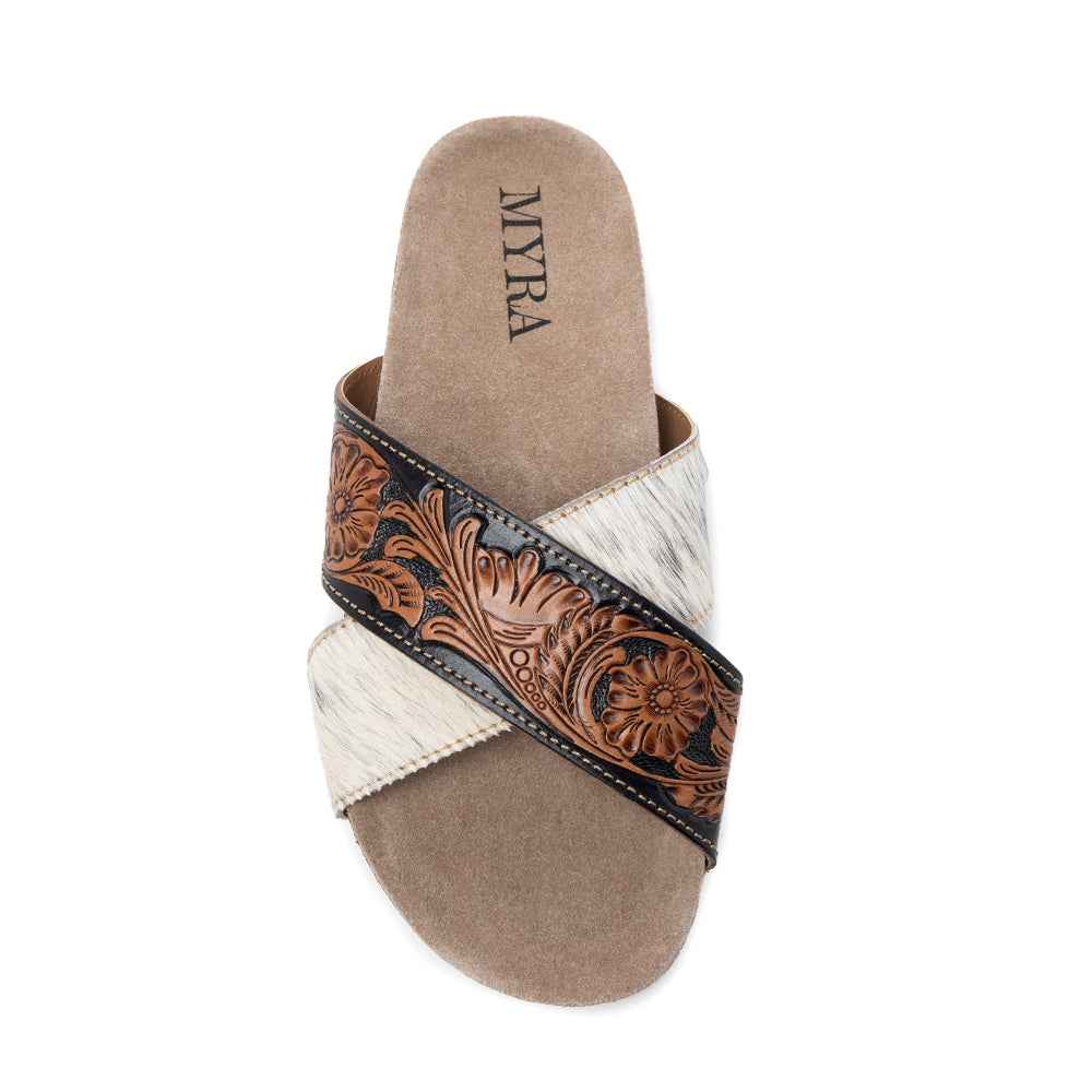 Myra Nevada Handtooled Leather Flats for Women - Double-Strap Sandals with Cushioned Cork Sole for Rodeo Chic Comfort