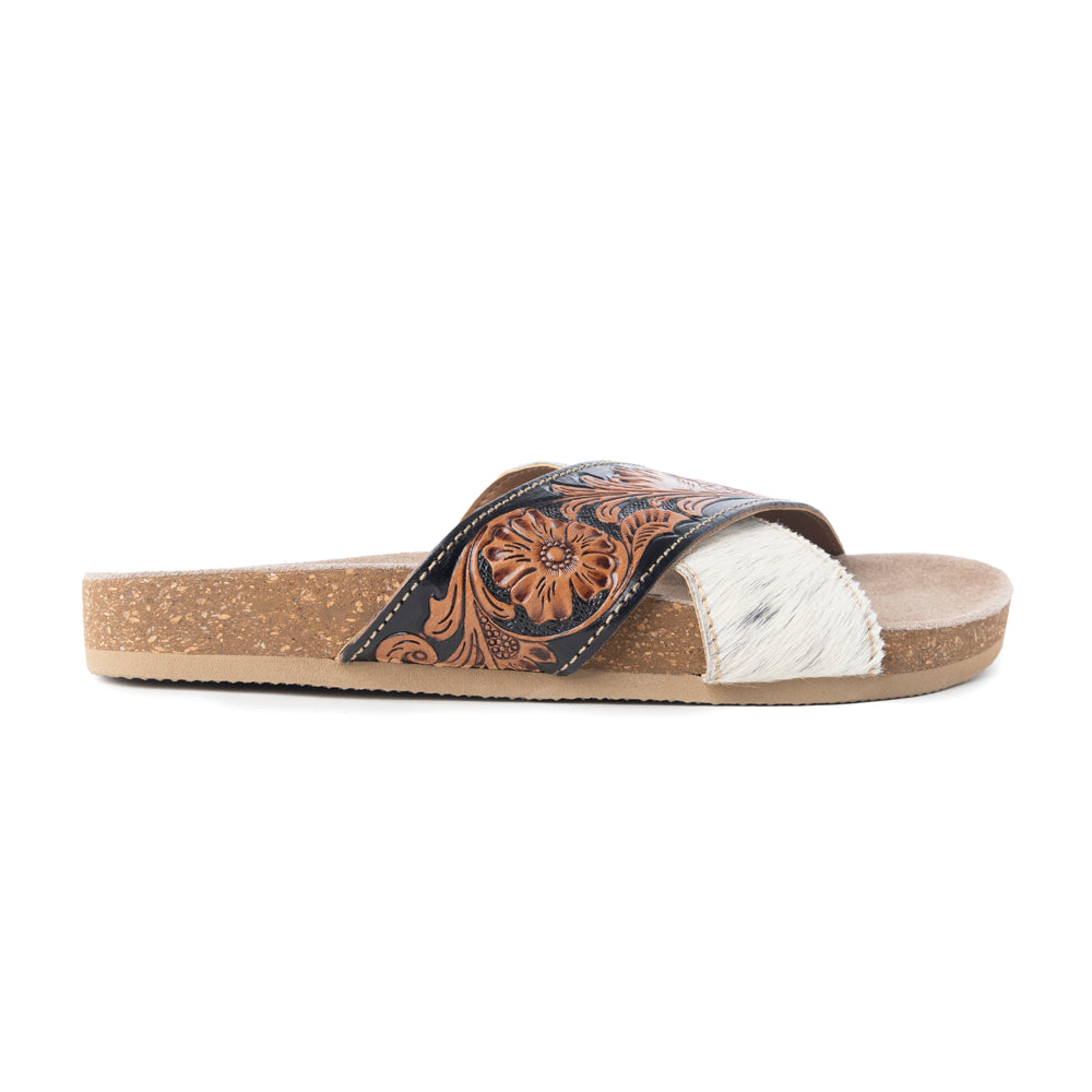 Myra Nevada Handtooled Leather Flats for Women - Double-Strap Sandals with Cushioned Cork Sole for Rodeo Chic Comfort