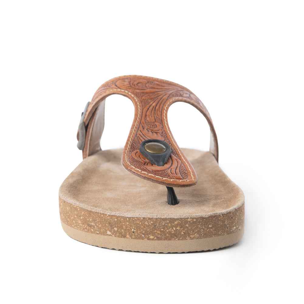 Myra Rosie Trail Handtooled Leather Sandals for Women – Cork Sole, Toe Ring Design for All-Day Comfort