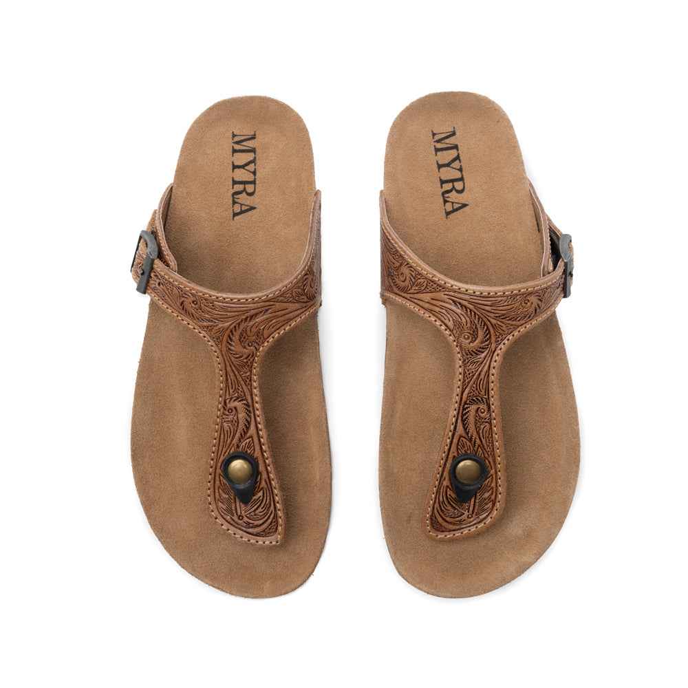 Myra Sadie Mesa Leather Slides for Women - Cushioned Cork Sole, Floral Tooled Finish for Everyday Elegance