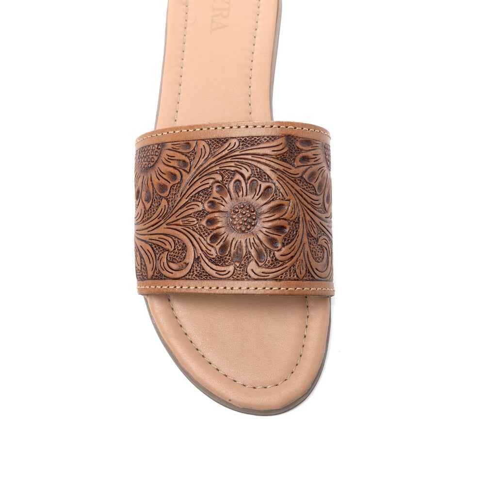 Myra Xena Leather Sandals for Women - Handtooled Floral Pattern Slip-on Sandals for Everyday Bohemian Comfort