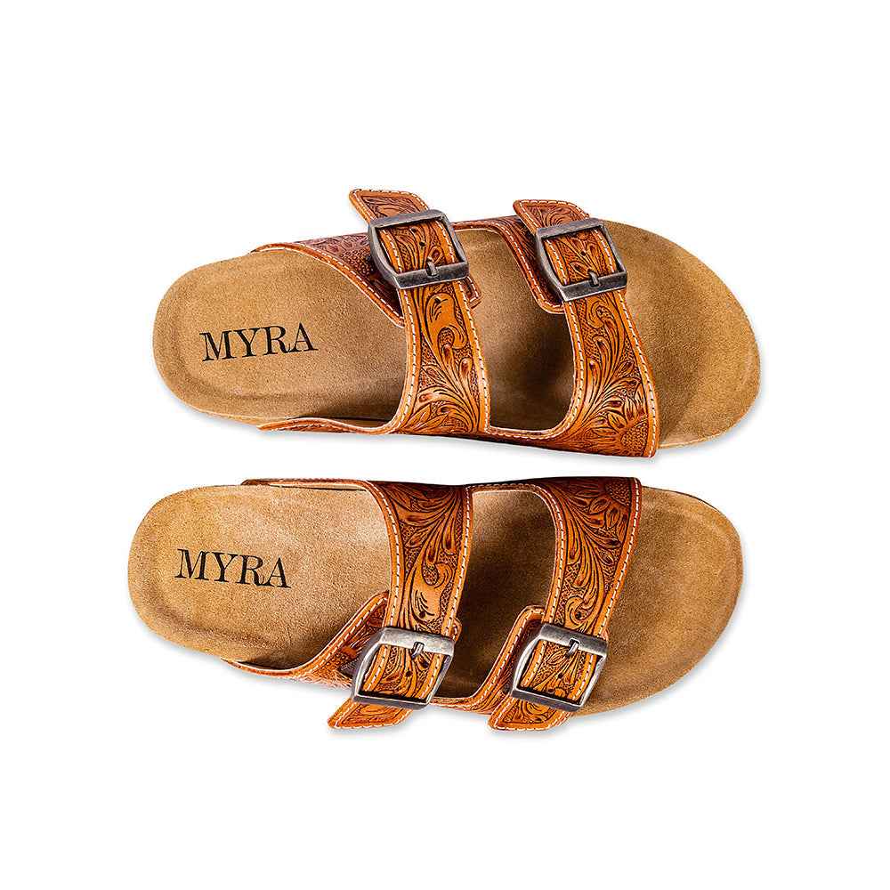 Myra Molly Megan Handtooled Leather Sandals - Easy Slip-on Dual Buckle Leather Flats for Women