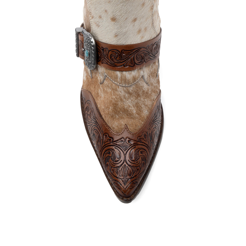 Myra Goldie Hairon Leather Boots for Women - Ankle Boots with Handtooled Leather Accents & Block Heels for Carnival Fun