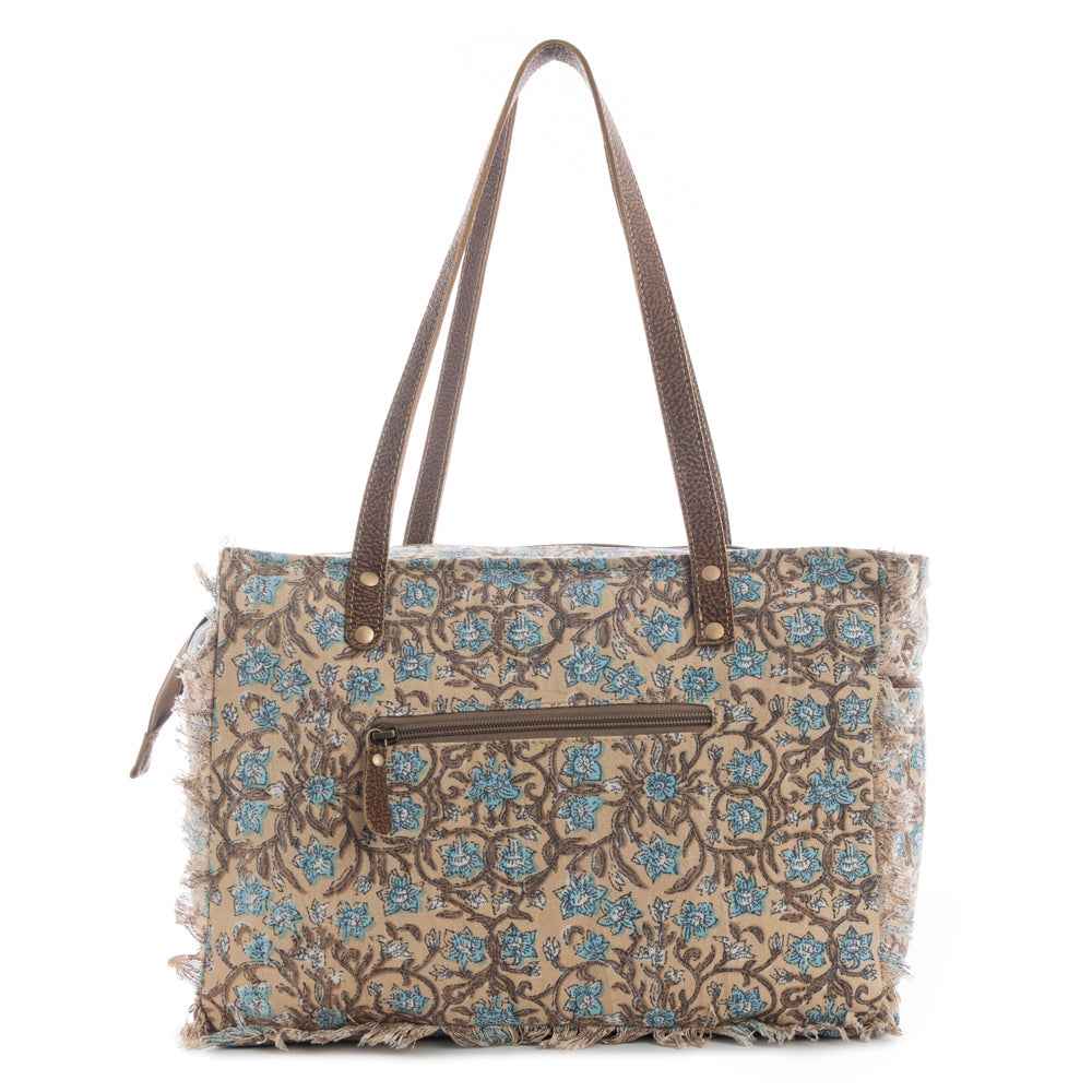 Myra San Ysidro Falls Floral Weekender Bag for Women â€“ Distressed Fabric, Leather Handles & Rustic Fringe Details