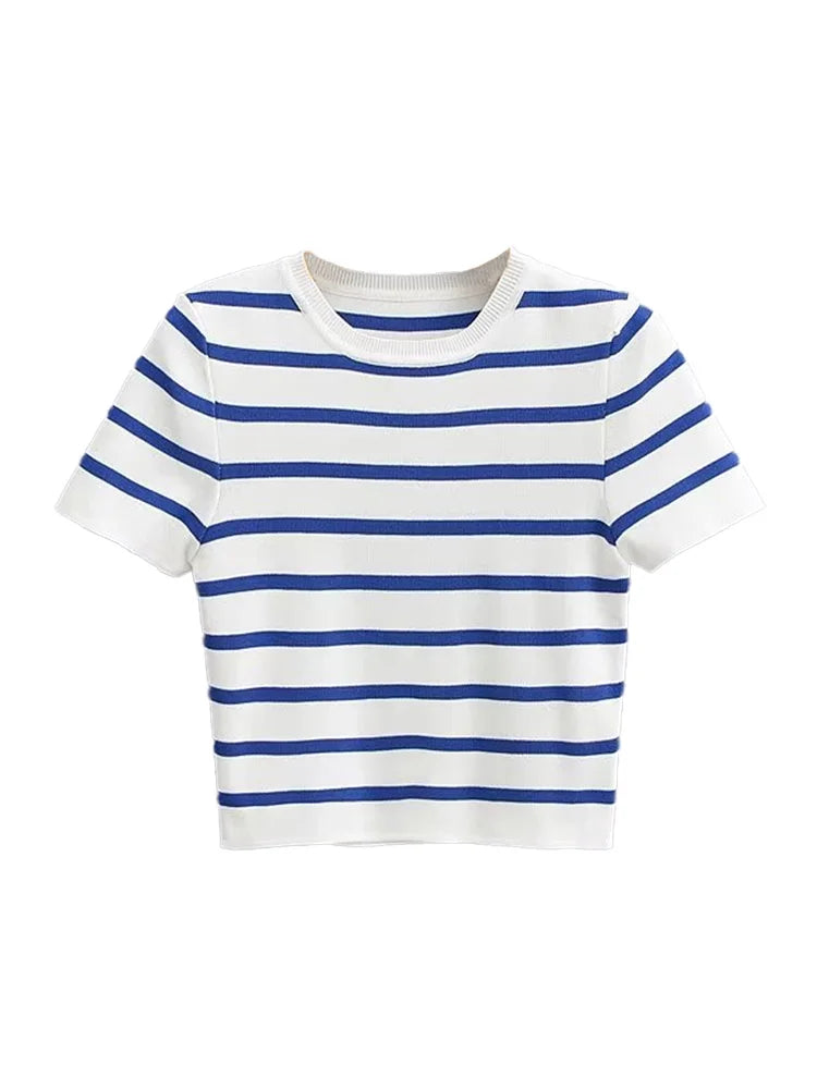 Women Fashion Striped Basic Cropped Knit Sweater Vintage O Neck Short Sleeve Female Pullovers Chic Tops by Urban Fashion Icon