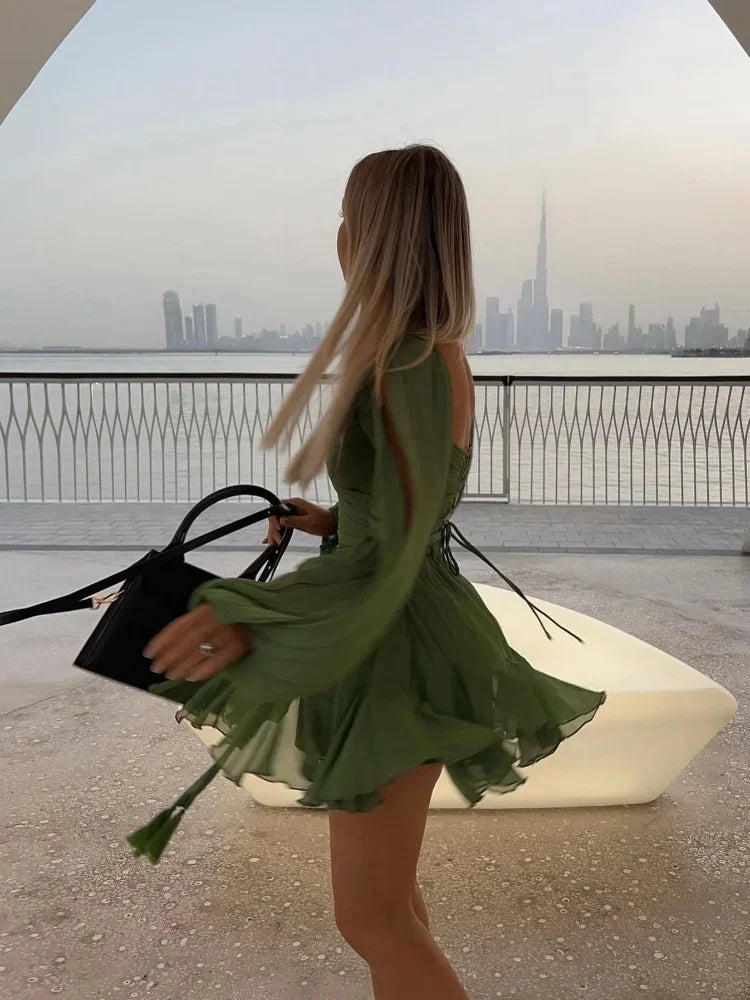 Irregular Mesh Split Long Sleeve Dress Sexy Green Lace Up Pleated Hem High Waist Vestido Summer Lady Vacation Beach Gowns 2025 by Urban Fashion Icon