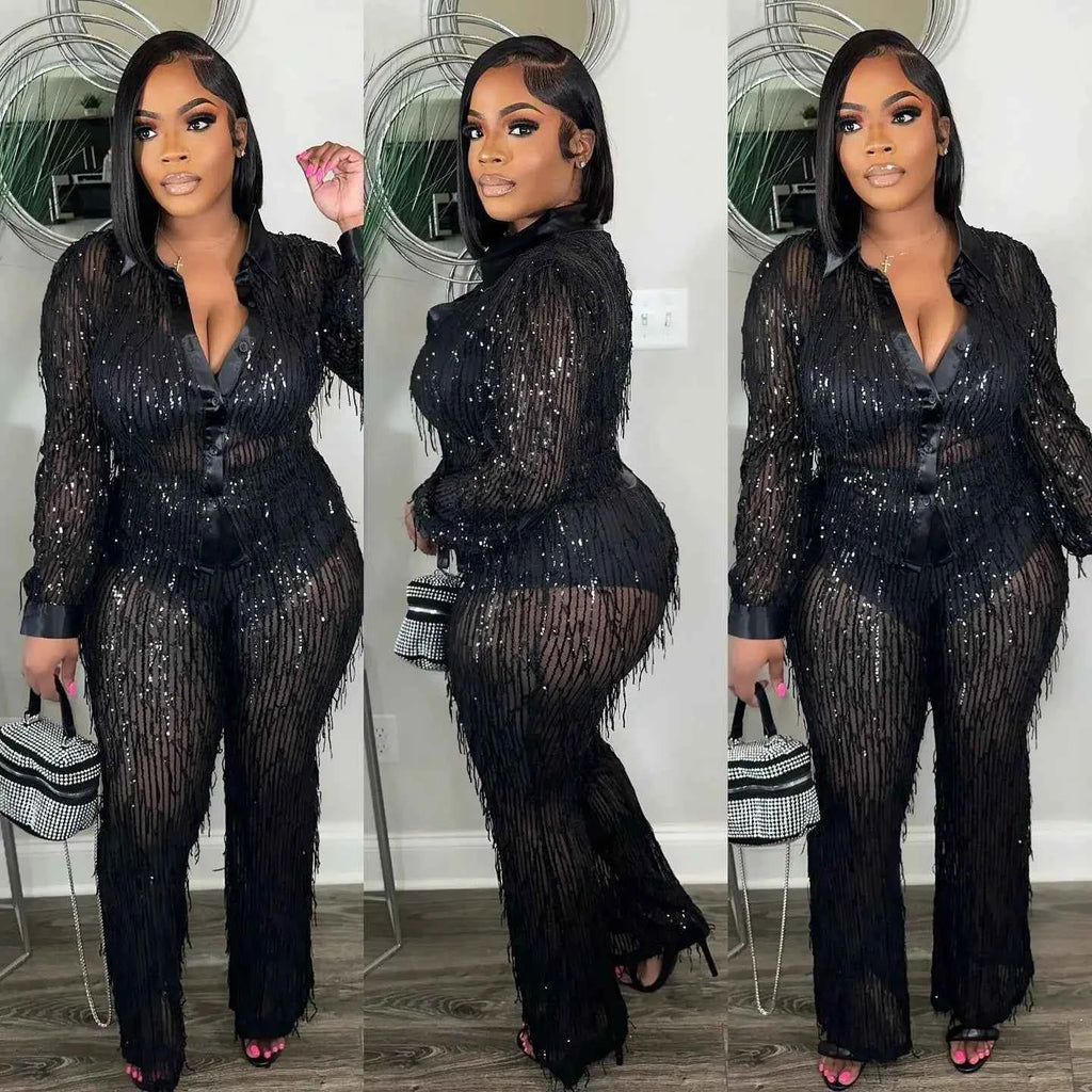 Fringe Sequin Two-Piece Pant Set