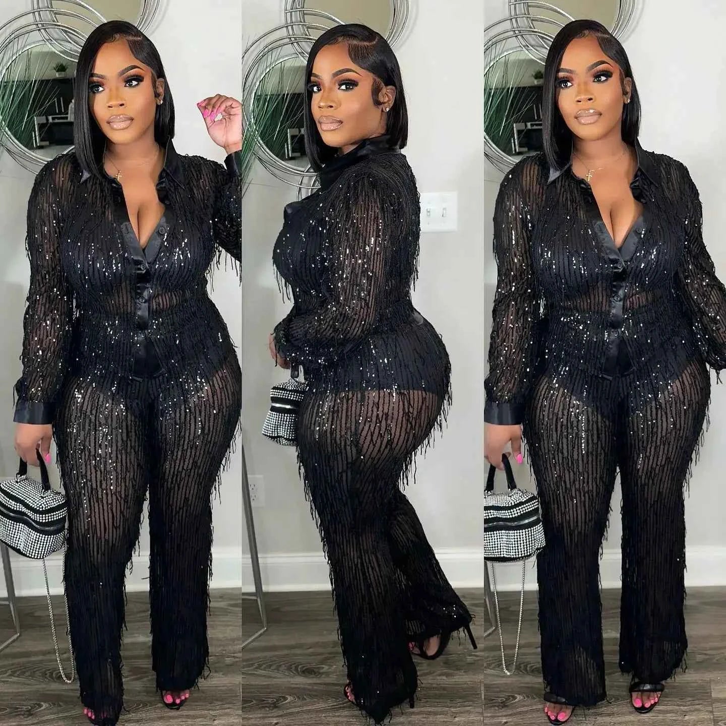 Fringe Sequin Two-Piece Pant Set