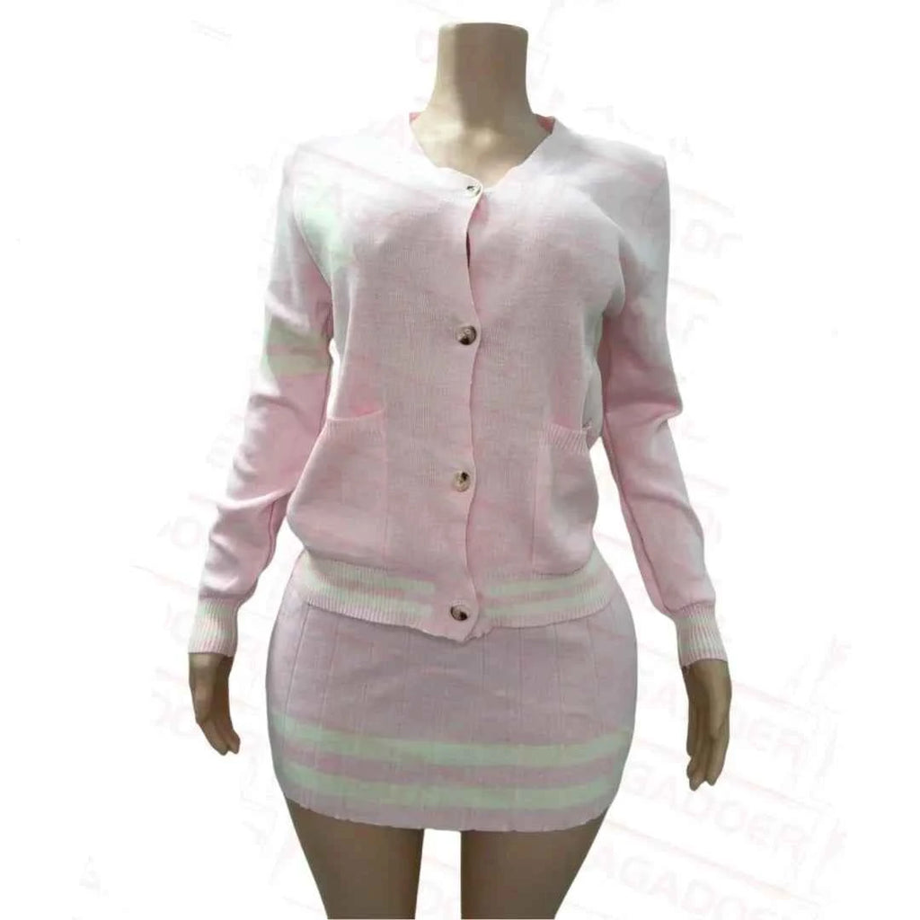 Knit Stripe Two-Piece Cardigan Top and Pleated Skirt Set