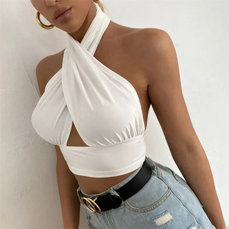 y2k Halter Top Women Summer Clothes Solid Color Sleeveless Backless Vest T Shirt 2000s Aesthetic Clothing Streetwear by Urban Fashion Icon