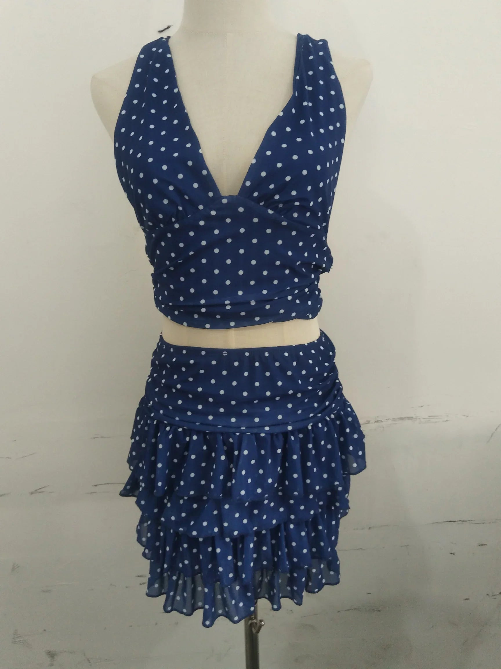 Retro Polka Dot 2-piece Set Lady Chic Sleeveless Off-shoulder Halter Crop Top Maxi Skirt Sets 2026 Women Vacation Street Outfit by Urban Fashion Icon